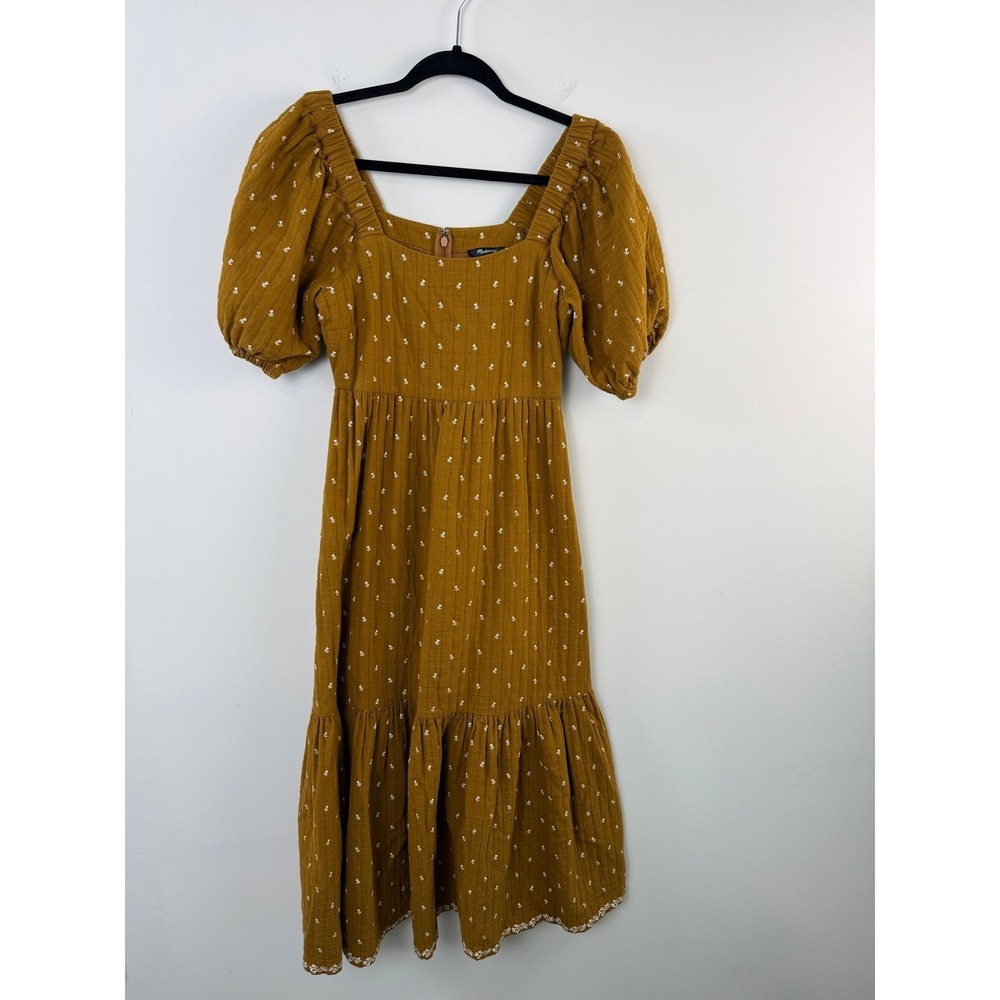 Madewell Dress Quilted Tiered Midi Puff Sleeve Tiered Embroidered Women's 00